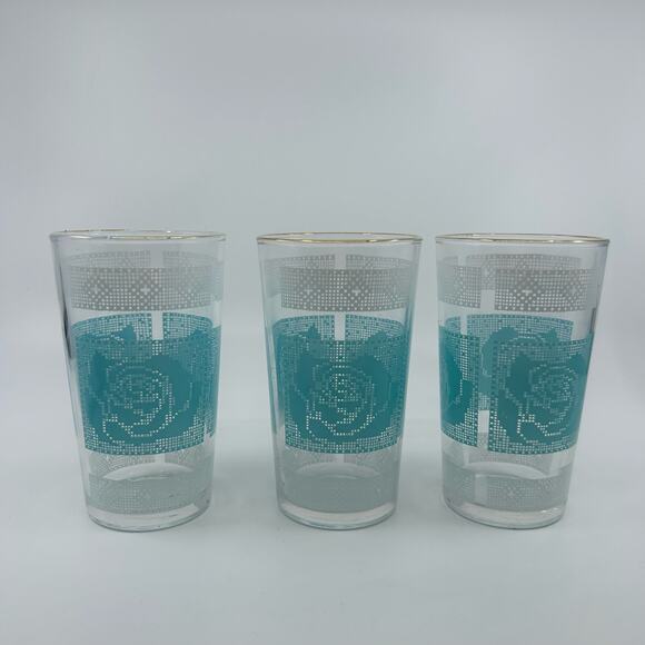 Set Of 3 MCM White/Aqua Libbey Cross Stitch Rose Pattern Glass Cups Drinkware - Picture 1 of 4